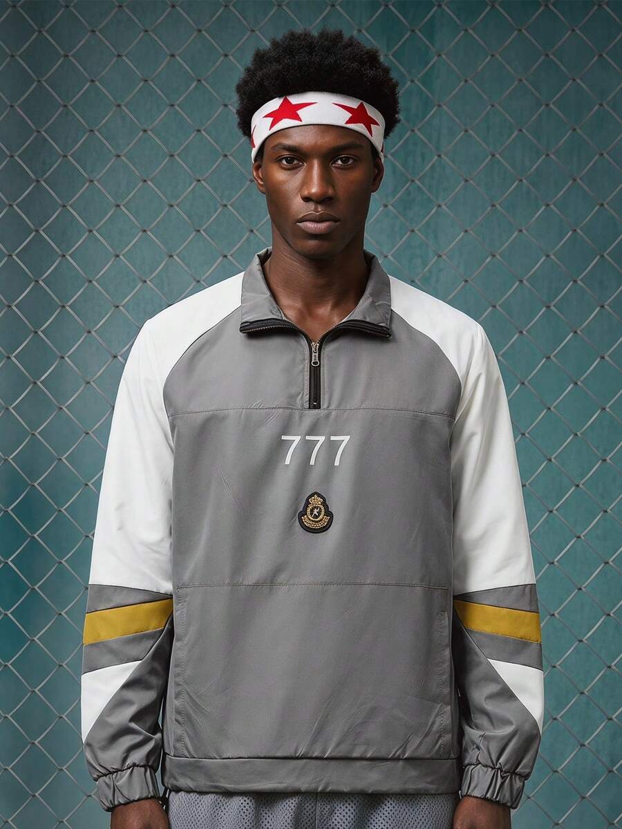 EVRINFINITE Men's Color Block Half Zip Jacket, Numeral & Graphic, Drawstring Hem, Daily/Sports/Festivals, Gift For Boyfriend - Grey - View 1