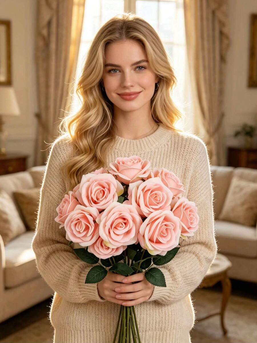 1 pièce Fleur de rose artificielle éternelle en plastique, 8 couleurs romantiques disponibles (Bourgogne/Blanc/Orange/Champagne/Rose clair/Rose foncé/Bleu brumeux/Café), forme de fleur, texture de pétale réaliste, fleur artificielle décorative, mariage, maison, hôtel, intérieur