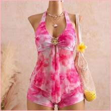 Bellisia Conjunto de bikini elegante de estilo vacacional con decoración metálica y empalme de malla, y top de tankini con tirantes finos Bikini Floral - Multicolor - Ver 5