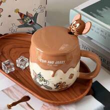 TOM AND JERRY. Cartoon Cat & Mouse Cream Rim Mug 370ml With 3D Lid + Spoon, Anti-Scald Handle, Breakfast Water Cup, Office Coffee & Milk Cup, Gift For Friends - Multicolor - View 8