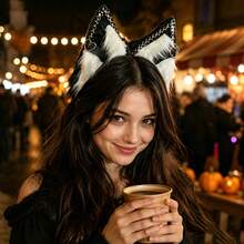 Red Black Furry Cat Ears Headband With Spikes  Heart Rings, Punk Fox Costume Accessory For Halloween Party Cosplay - 黑白 - 查看 3