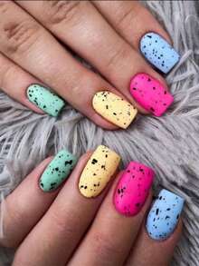 Macaron 4-Color Quail Egg Wearable Nails, Medium Square Shape, Skin-Brightening Matte Nail Art Tips - Multicolor - View 1