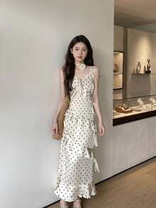 Elegant Polka Dot Cami Maxi Dress With Tiered Ruffle Hem, Satin-Like - Apricot - View 3