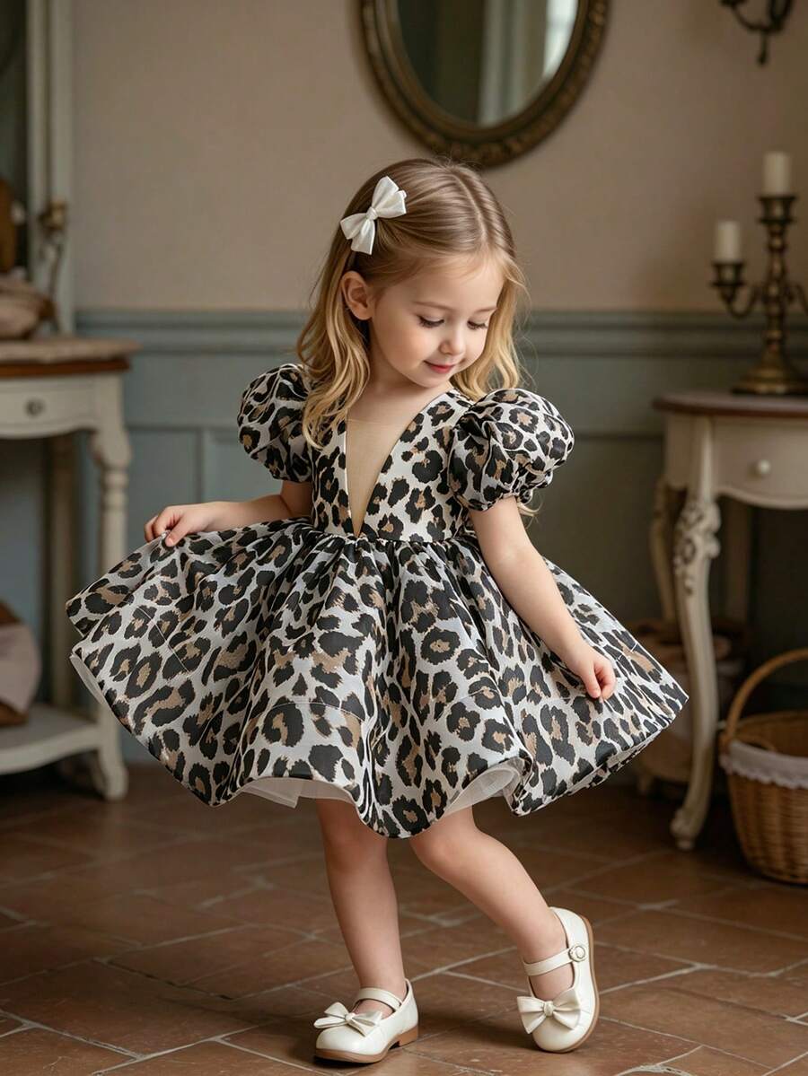 Baby Girl Leopard Print Puff Sleeve Princess Organza Dress, Suitable For Parties - Black - View 1