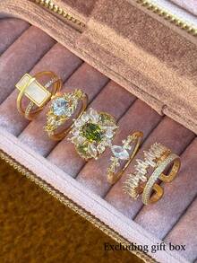 5件組女士優雅立方鋯石開口銅戒指套組，適合派對與婚禮穿著（不含禮盒） - 金黃色 - 查看 11