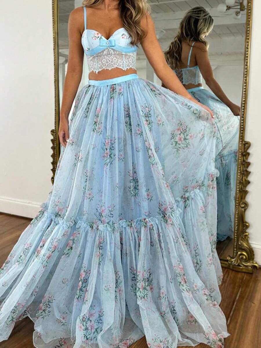 Lightweight Printed Chiffon Set With Elegant Laces, Very Popular Style - 淺藍色 - 查看 1
