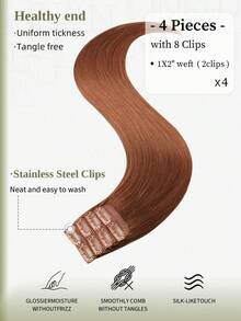 DNE HAIR 4件裝直髮夾式真人髮接髮，8個夾片雙層髮簾隱形設計，33# 栗色真人髮，12-18英吋，耐用防掉髮，柔軟厚實質感，適合全頭佩戴、日常穿戴、節日角色扮演與季節造型 - S33 - 查看 3