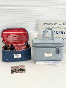 1個藍色牛仔布女用化妝包 大容量多功能化妝收納包 大號女用迷你蝴蝶結圖案化妝收納包 手提便攜盥洗包 - 彩色 - 查看 1