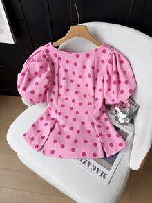 GMFP Pink Polka Dot Round Neck Puff Sleeve Waist-Cinching Cropped Backless Top, Date Independence Day World Cup Women's Outfit Summer - Pink - View 8