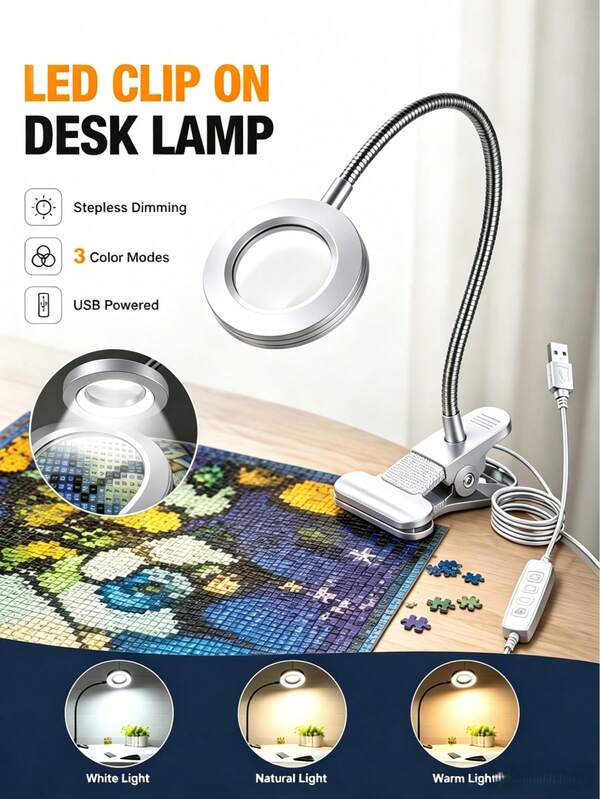 Đèn bàn kẹp LED màu bạc, 3 chế độ màu & điều chỉnh độ sáng vô cấp, đèn cổ ngỗng linh hoạt cấp nguồn USB, phù hợp để đọc sách, học tập, ký túc xá, văn phòng, đầu giường, làm móng, trang điểm và thủ công