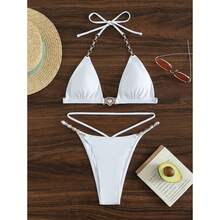 Nuovo costume da bagno bikini sexy stile triangolo con catena colore unito per donna - nero - Visualizzare 6