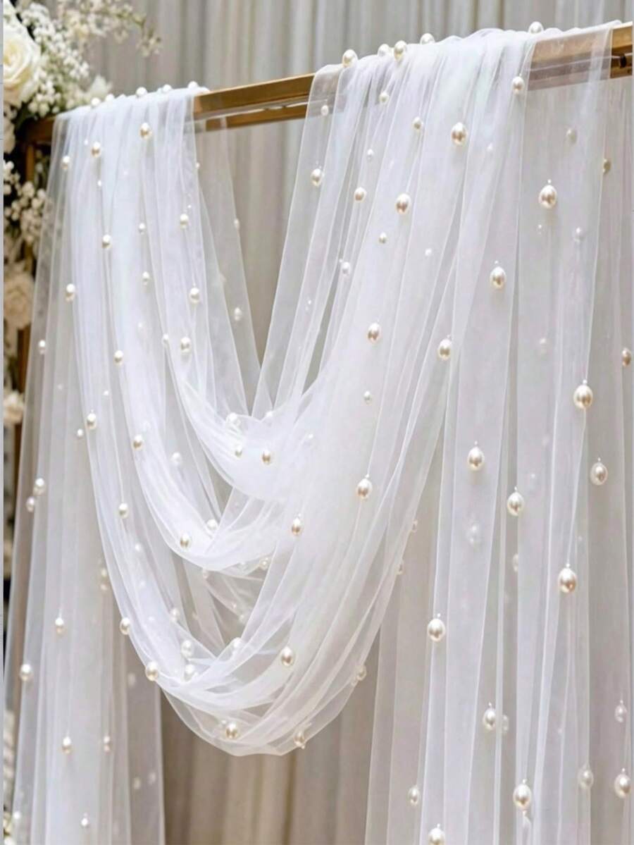 1pc Pearl White Mesh Fabric With Pearl Embellishment, Background Decoration For Wedding Dress, Wedding Party Decor, Photography Backdrop, Tablecloth, Table Runner, Gift Wrapping, Elegant For DIY Crafts, Ceremony Decor, Bridal Shower, Home Decor, Event Backdrop