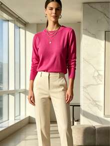 WOMEN'S LONG SLEEVE KNITTING BLOUSE WINTER BASIC ROUND NECK SWEATSHIRT - 粉色 - 查看 1