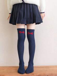 1 Pair Girls' Knee High Socks With Bow Decor, Princess Style Argyle Pattern Over-The-Knee Socks, Spring/Summer - Navy Blue - View 4