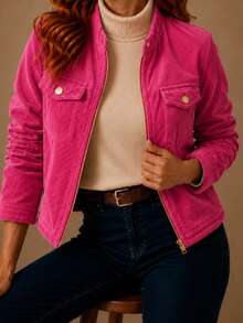 Women's Corduroy Jacket With Zipper, Casual Style, Elegant, Winter Fashion, Fluffy Velvet Zipper, Night, Vacation, School, Office, Daily. - 玫紅色 - 查看 3