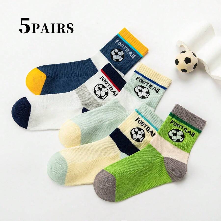 5双儿童运动中筒袜（适合3-16岁儿童），足球图案及“FOOTBALL”字母，适合上学、训练、休闲穿着 - 彩色 - 查看 1