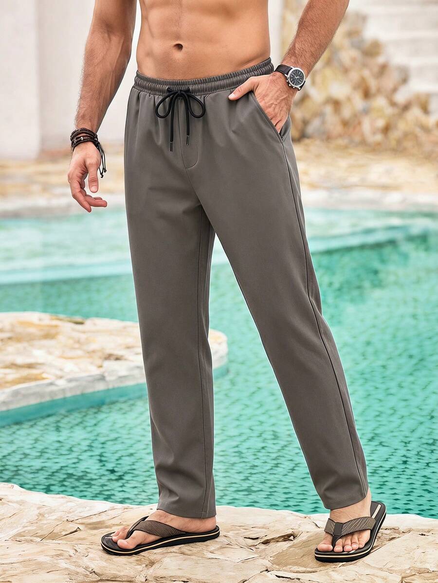 Men's Solid Color Drawstring Waist Straight Leg Casual Pants, Versatile, Fall , Suitable For Summer Tropical Holiday Vacation In Hawaii. - Grey - View 1
