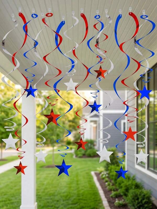 6set(2 Rojo, 2 Azul, 2 Plateado)/12pcs(4 Rojo, 4 Azul, 4 Plateado) Estrellas Coloridas Estilo Militar, Decoraciones de Estrellas Patrióticas, Disponibles en Rojo, Azul y Plateado. Adecuado para el Día de la Independencia, Día de los Caídos, Día de los Veteranos, Celebraciones del Día de la Independencia y Día de la Bandera. Se puede usar como decoraciones para fiestas, decoraciones de techo, serpentinas