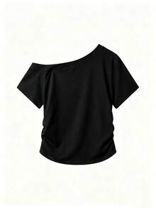 Women's Fashion Summer Casual Minimalist Versatile Asymmetrical Shoulder Short Sleeve T-Shirt Black - Black - View 6