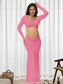 Maternity Fitted Backless Dress, Maternity Hollow Square Neck Long Dress, Suitable For Photography, Baby Shower Parties, Long Sleeve Design Spring Pink - Pink - View 4