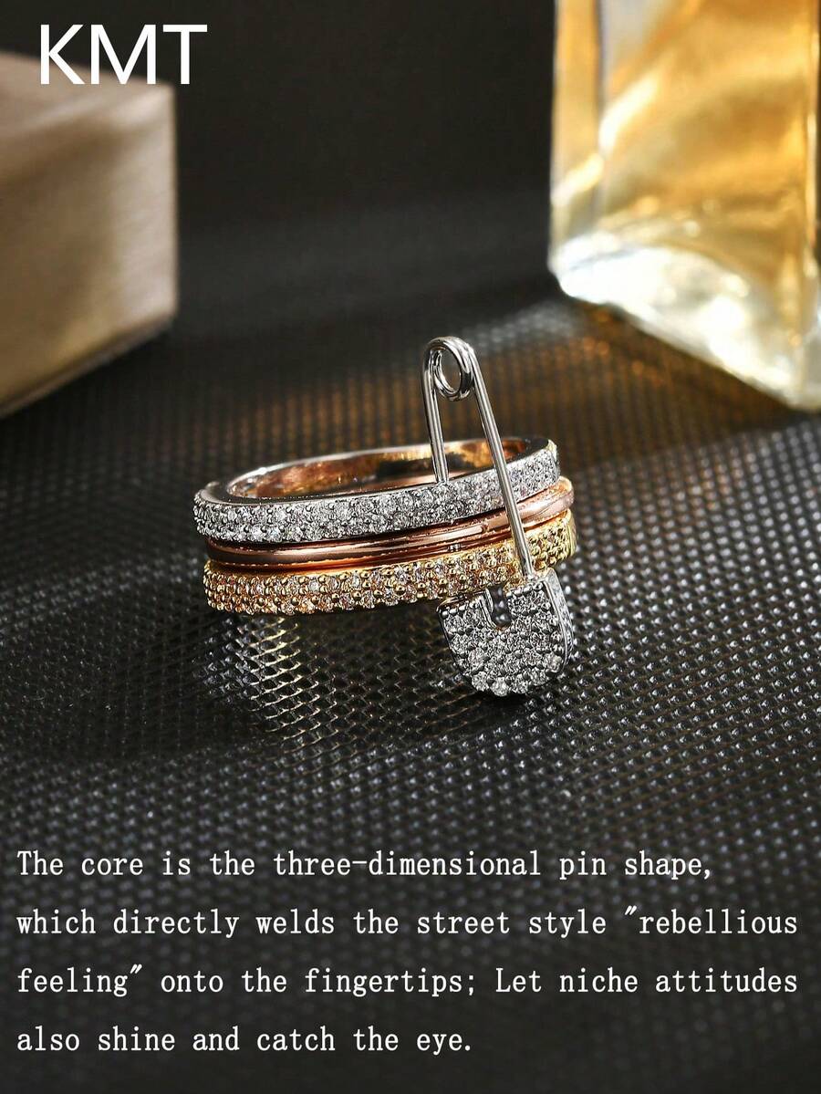 KMT 1pc Copper Inlaid Cubic Zirconia Creative Detachable Linked Ring, Fashion Accessory For Daily, Party, And Date Wear - Interlocking Pins - View 1