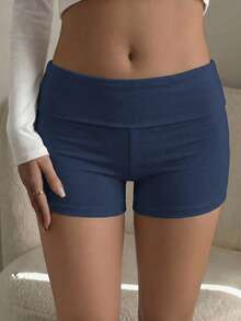Summer Women's Y2K Style Striped Shorts, Low Waist Foldable Waistband Design, Perfect For Casual, Home, Street And Daily Commute - Navy Blue - View 6