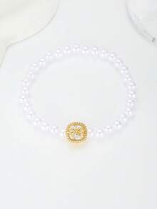1pc Pure Tender Faux Pearl Beaded Bracelet Square Rhinestone Bow Charm For Girls Dreamy Accessories For Family Dinner And Ballet Dance Class - White - View 9