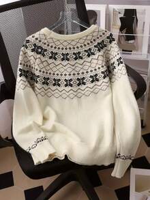 Women's Plus Size Autumn/Winter Casual Geometric Pattern Round Neck Raglan Sleeve Sweater - Beige - View 2