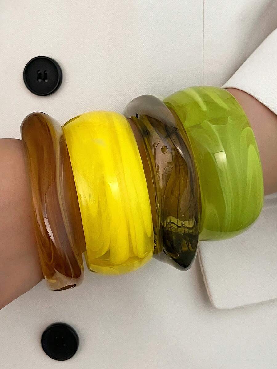 1/4pcs Minimalist Versatile Exaggerated Thick Colorful Resin Bangle Bracelet Set, Stackable, Elegant, Suitable For Daily Wear - Multicolor - View 1