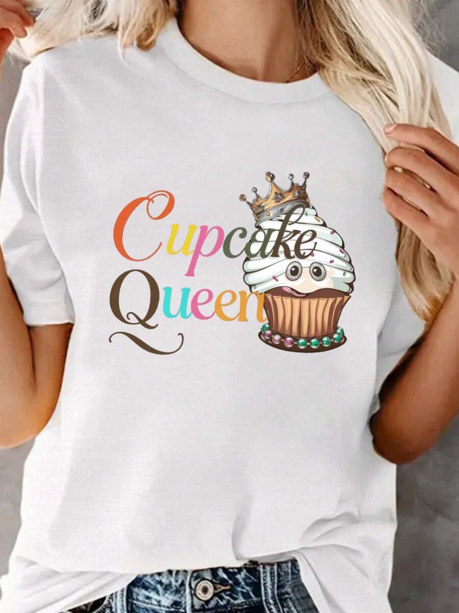 Conjunto de manga corta para mujer, adecuado para: uso casual - Top corto con cuello redondo y temática de "Cupcake Queen", código US06, tela elástica lavable a máquina para usar en capas o - negro - Ver 1