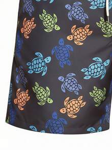 1pc Men's Navy Blue Colorful Sea Turtle Print Beach Shorts, Casual Cartoon Pattern, Drawstring Waist, Washable, Suitable For Swimming Pool, Beach Vacation & Leisure - Blue - View 9