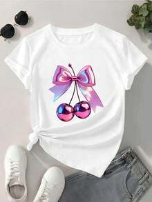 Blusa gráfica con bow de cereza para mujer, oto?o, tela premium, ajuste fácil, casual, transpirable - Blanco - Ver 2