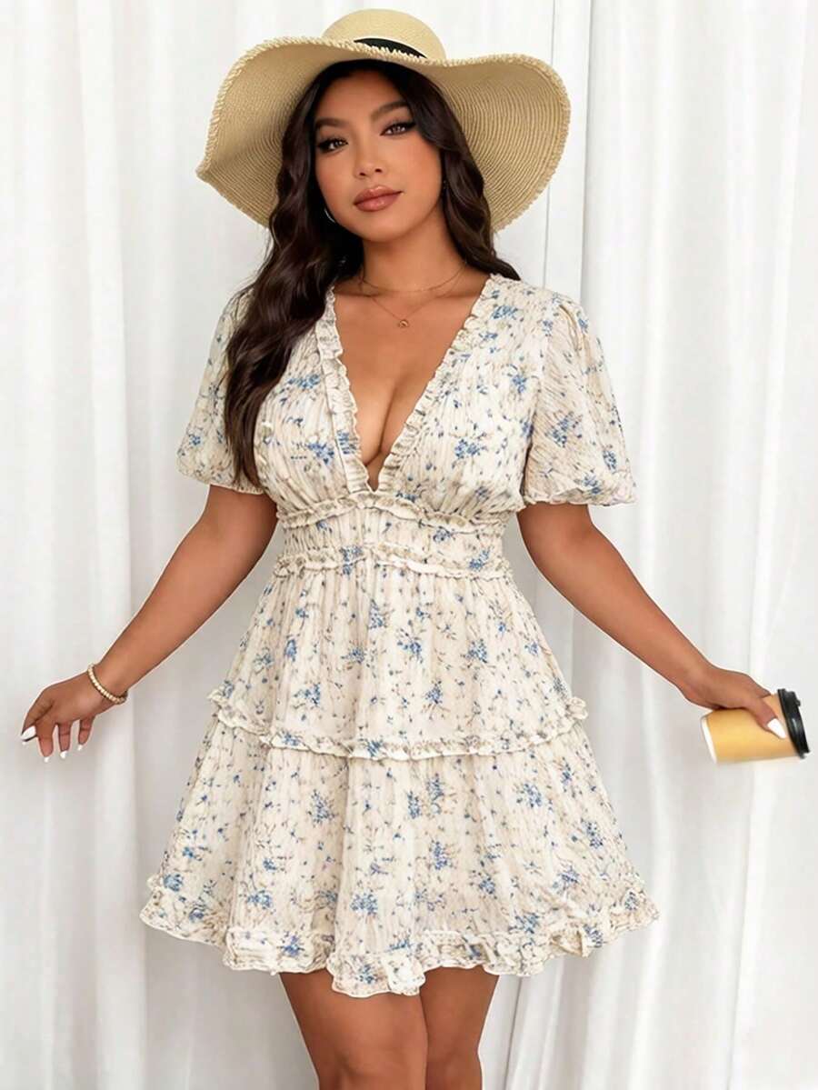 Party Dress With Deep V-Neck, Floral Print And Draping, Suitable For Summer, Plus Sizes For Women - 彩色 - 查看 1