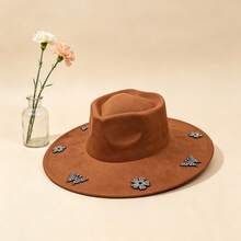 Elegant  Felt Hat With Sparkly Rhinestone Butterfly  Flower Details For Daily  Vacation Outfits - marrón rojizo - Ver 2