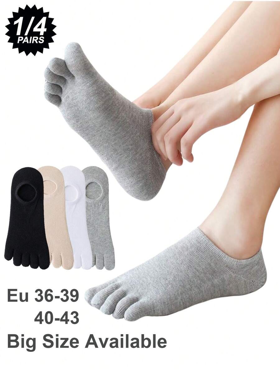 1/4 Pair Women's Cotton Breathable Low-Cut Toe Socks, Solid Color Invisible Toe Socks, Suitable For Sports Or Daily Wear - Multicolor - View 1