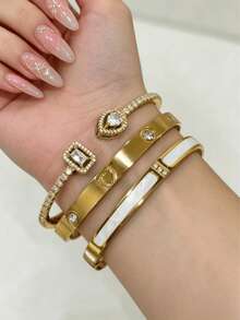 1pc/3pcs Luxury Style Gold Stainless Steel Rhinestone Bracelet Set, Niche High-End Zirconia Bracelet, Versatile Jewelry For Daily Commute, Dating, Gift - Gold 2 - View 6