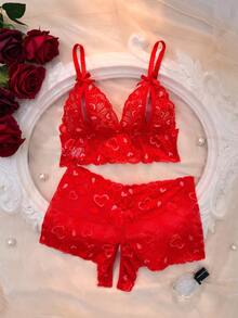 AESKEIA Pink Lace Sexy Set, Women's Open Bust Bra And Open Crotch Panty Set, Erotic Sexy Lingerie, Christmas Valentine's Day New Year Gift - Red - View 2