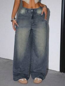 Women's Casual Loose Straight Leg Jeans With Pockets - Deep Nostalgic Color - View 6
