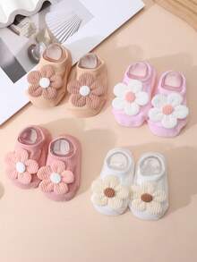 4 Pairs Baby Girl Flower Decor Short Socks, Solid Color Non-Slip Bottom Boat Socks, Suitable For All Seasons - Multicolor - View 3