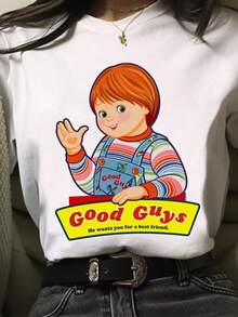 Chuckys Grafische Print T-Shirt Chuckys Streetwear Fashion Casual Ronde Hals Korte Mouw Plus Size T-Shirt Vrouwen - 白色 - 查看 1