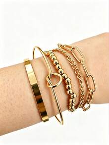 5pcs Vintage Personalized Exaggerated Asymmetric Alloy Wide Bracelet Set, Hip Hop Cuban Bracelet, Gold Jewelry, Women's Bracelet - Gold - View 6