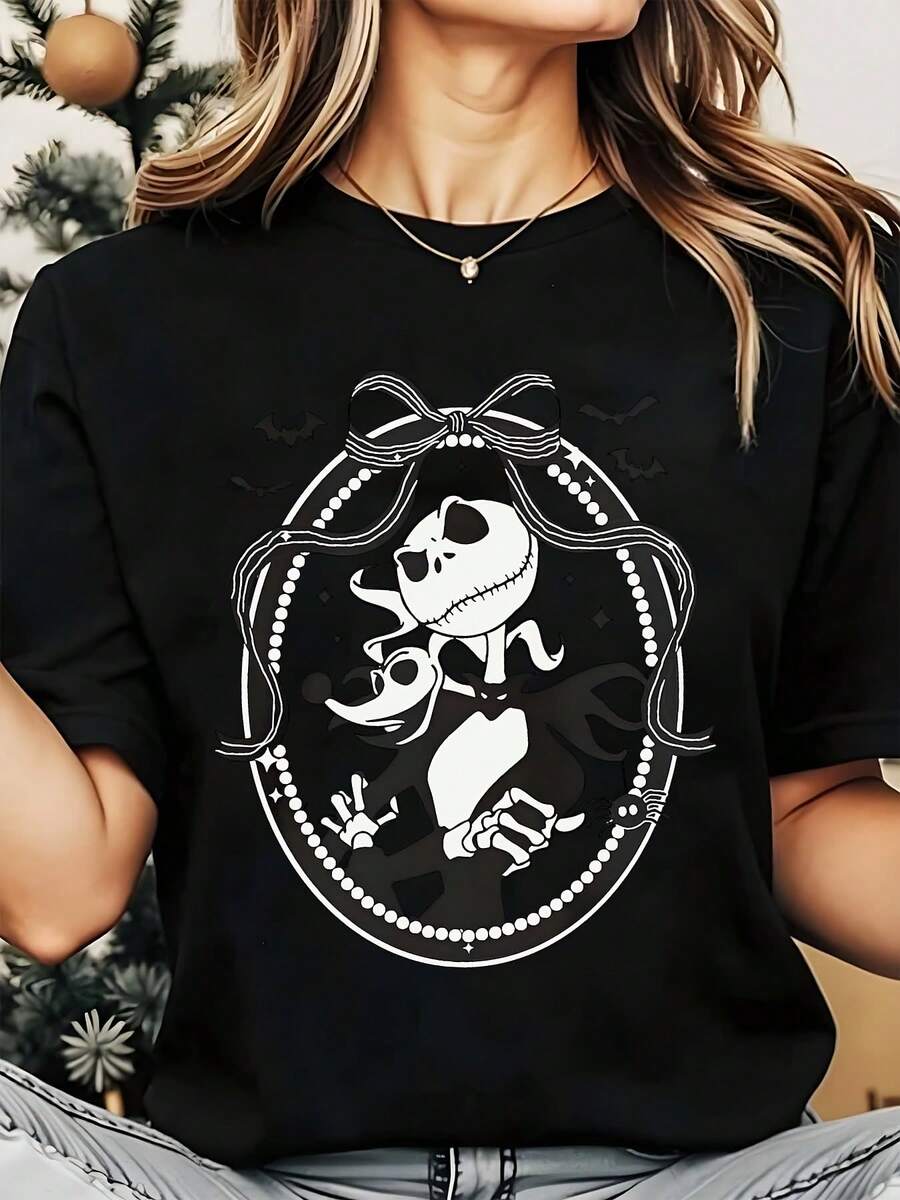 Disney Jack Skellington And Sally Halloween Cartoon Women's Round Neck Shirt Summer Tops Comfortable O-Neck T Shirt Fashion Casual Women Clothes - 黑色 - 查看 1