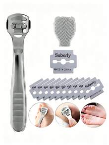 1 Set Foot Razor, Removes Calluses, Heel Hard Skin, Corns, Stainless Steel File, Wood Grain Handle, 10 Blades, Pedicure Tool Set - Multicolor - View 3