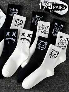 1/5 par de calcetines cómodos para hombres con estampado de cara sonriente personalizada - Multicolor - Ver 1