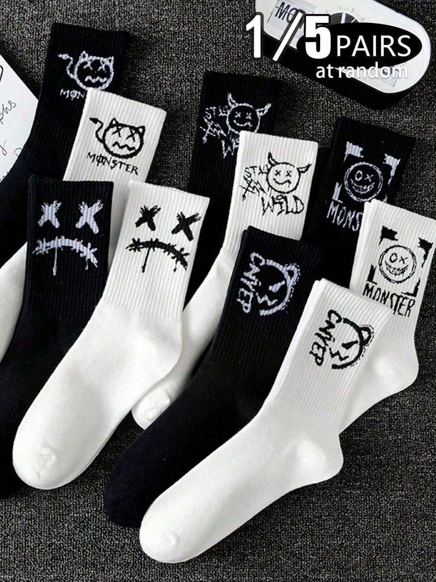 1/5 par de calcetines cómodos para hombres con estampado de cara sonriente personalizada - Multicolor - Ver 1