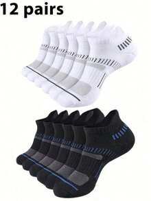 12 paires de chaussettes courtes pour hommes, printemps/été, rembourrées à la cheville, évacuation de l'humidité, ultra douces, respirantes, minimalistes, polyvalentes, mode sport, chaussettes courtes pour couple 1/3/5/6 paires - Noir et Blanc - Voir 32