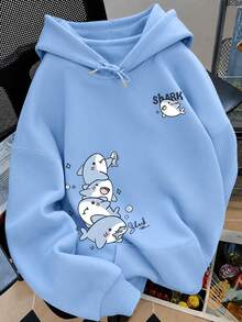 Cute Shark Print Women's Drop Shoulder Hooded Sweatshirt, Long Sleeve Sweatshirt Summer Casual - Baby Blue - View 3