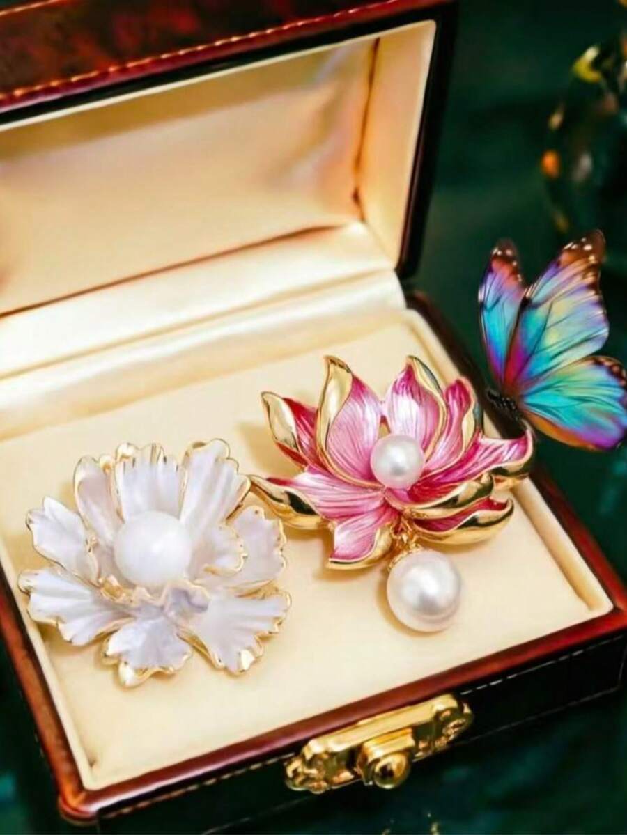 1個裝復古琺瑯花朵胸針仿珍珠優雅西裝翻領針，適合女性搭配衣物胸花