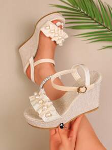 2026 Mùa hè Mới Sandal gót đế xuồng một quai khóa cài, Sandal đế dày phong cách Pháp thanh lịch đa năng đính ngọc trai, Phong cách công chúa thời trang đi nghỉ dưỡng - Màu be - Xem 1
