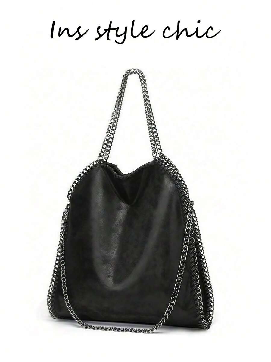 Diese stilvolle schwarze Damenhandtasche aus PU-Leder hat ein geräumiges Innenfach und wird mit einem Schultergurt aus Metallkette geliefert. Es ist eine Schultertasche im Y2K-Stil, die für Studentinnen, modische Mädchen und Berufstätige zum Pendeln, für tägliche Ausflüge, Einkaufen, Wochenendtrips und die Schule geeignet ist. - Verschiedenfarbig - Übersicht 1